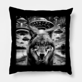 Lunar Lupines Elevate Your Style with Wolf UFO Tees Pillow