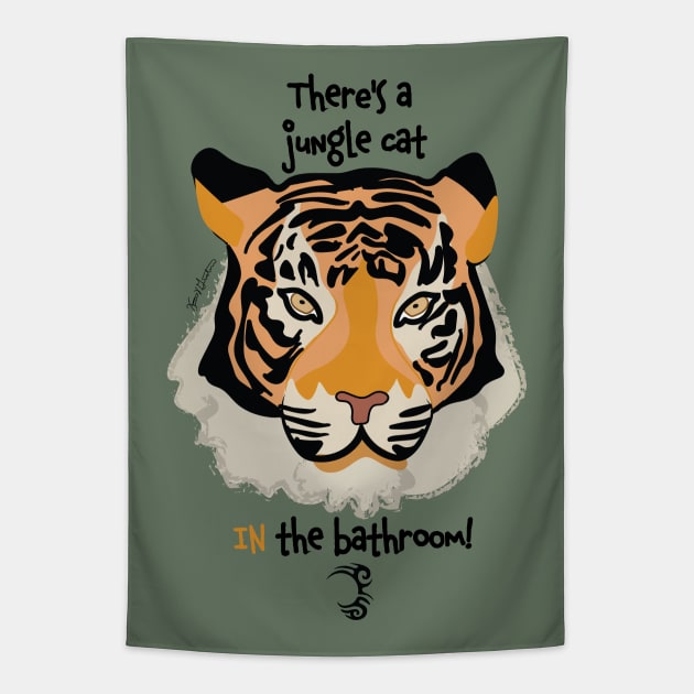 Jungle Cat In The Bathroom Tapestry by Frannotated