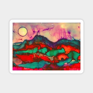 Abstract landscape painting with moon and mountains in alcohol inks Magnet