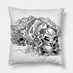 Badass Cyberpunk Mecha Panda (black and White) Pillow