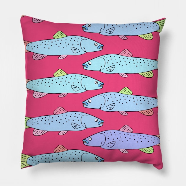 Colorful and Cute Trout Pattern on Pink Pillow by Davey's Designs