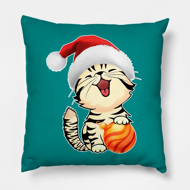 Cute Xmas Kitten Funny Christmas Cat in Santa Hat Pillow by Green Splash