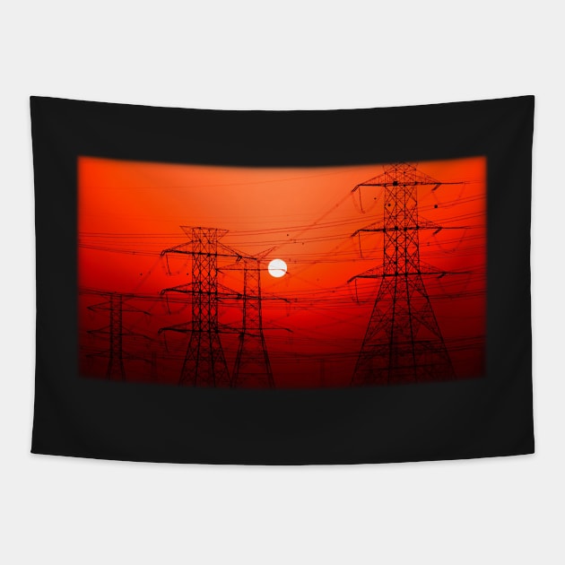 Electricity transmission tower sunset view Tapestry by EngineersArt