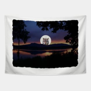 Wolf In Moon Rustic Lake Scene Tapestry