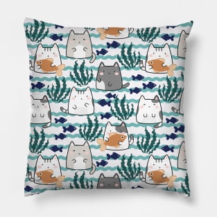 Seamless Pattern Plants Fishes Cute Kawaii Cats Pillow