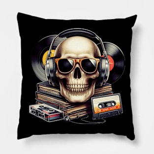 Skull head with headphones and sunglasses in a retro style. Pillow