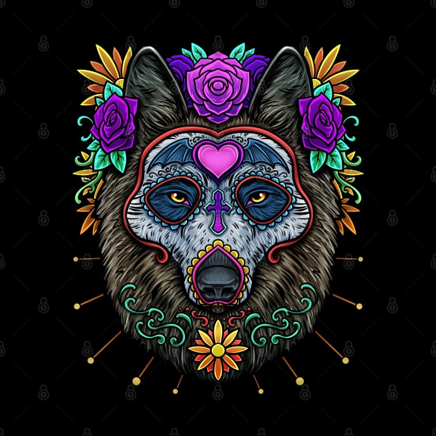 Sugar Skull Wolf Day of The Dead Dia De Los Muertos Halloween by AmbersDesignsCo