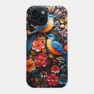 Mexican Embroidery Pattern Art Birds Flowers on Black Phone Case