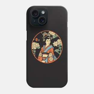 Woodblock print Japanese geisha in a temple garden Phone Case