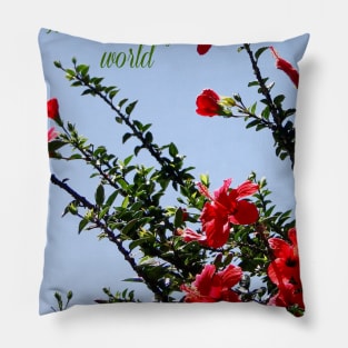 beautiful world with hibiscus tree on the blue sky into vintage frame Pillow