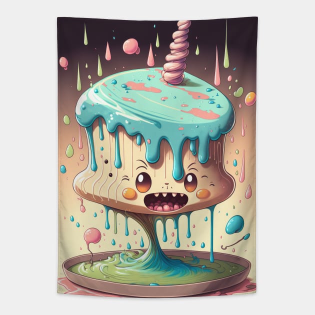 Cake Caricature - January 1st - Yearlong Psychedelic Cute Cakes Collection - Birthday Party - Delicious Dripping Paint, Bright Colors, and Big Adorable Smiles Tapestry by JensenArtCo