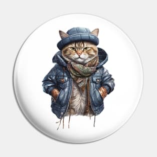 cute street cat wearing a leather jacket and hat Pin