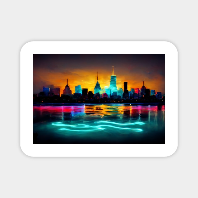 Neon New York City Skyline With Neonlight Buildings / New York City Silhouette Magnet by Unwind-Art-Work