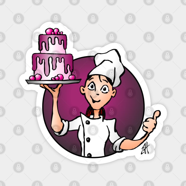 Pastry chef with a pink glazed cake Magnet by Cardvibes