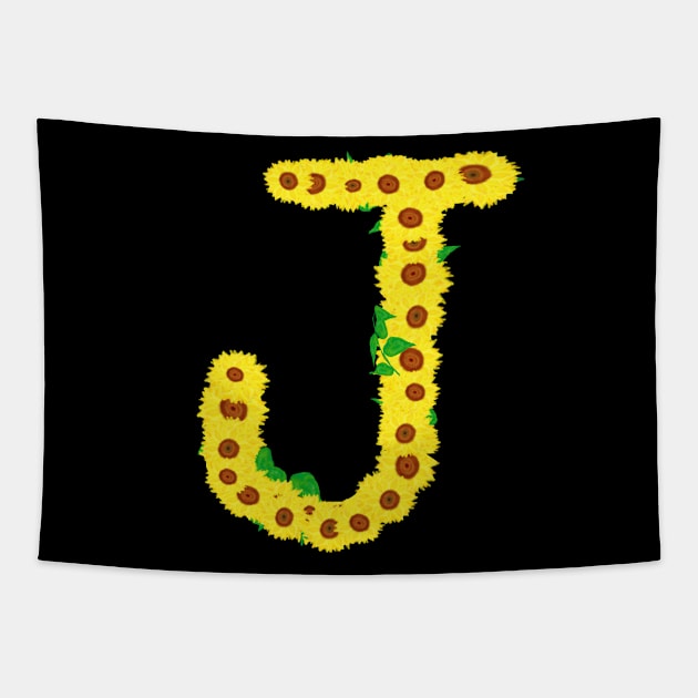 Sunflowers Initial Letter J (Black Background) Tapestry by Art By LM Designs 