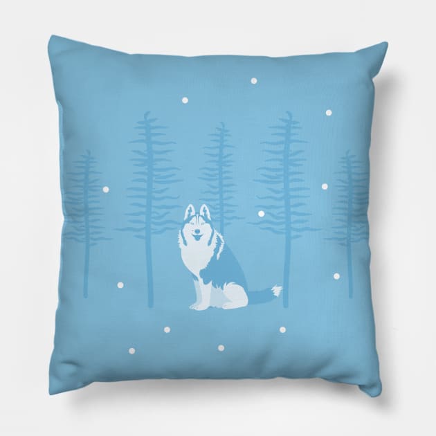 Siberian Husky in Snowy Forest Pillow by LulululuPainting