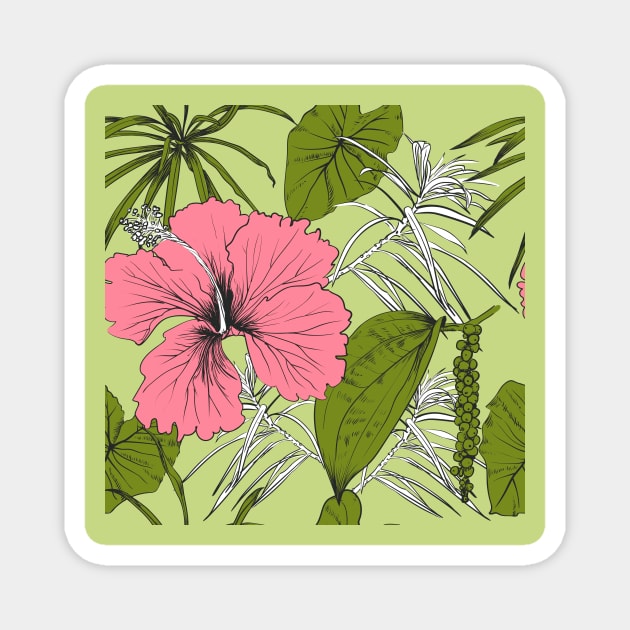 Tropical exotic flowers and leaves Magnet by Olga Berlet