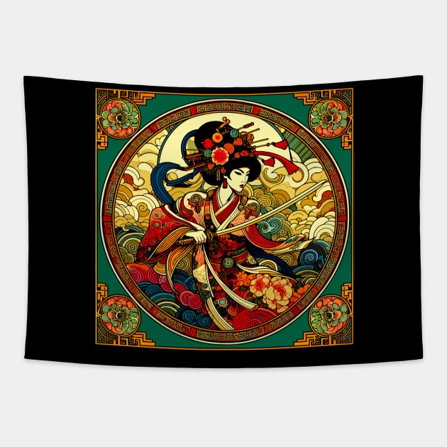 Chinese Woman Swordfighter in Art Deco Style Tapestry by RCDBerlin