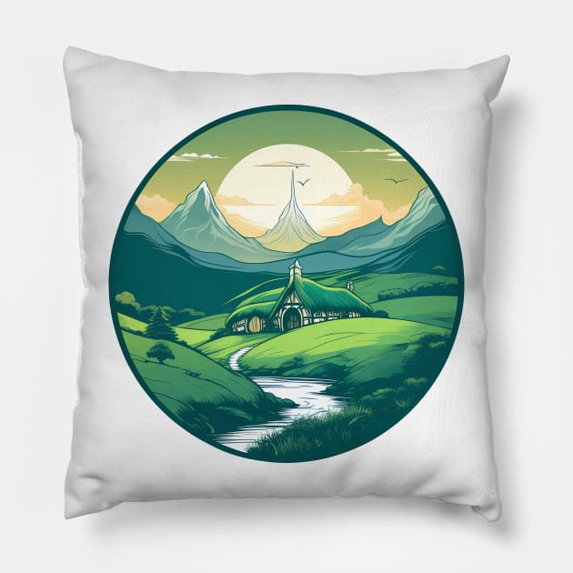 A Hobbit Shire landscape Pillow by The Dark Matter Art