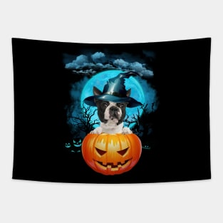 Boston Terrier Witch Hat Pumpkin And Blue Moon Halloween Tapestry