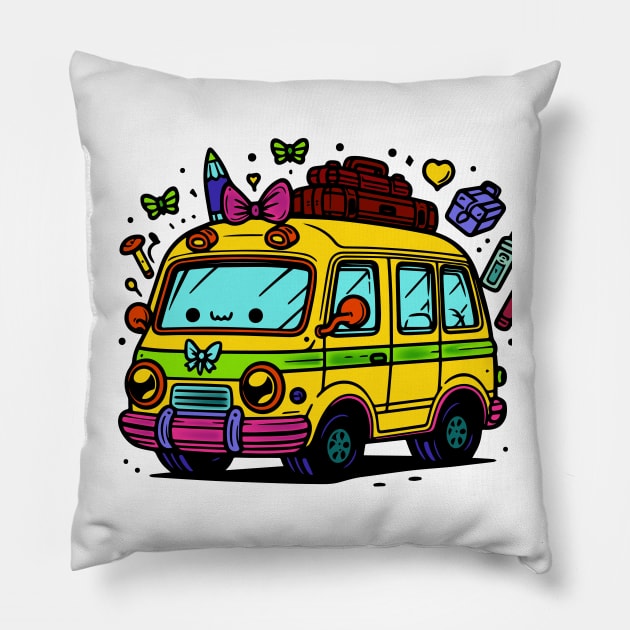 Bus Doodle Art Design Pillow by Red Sky Merchandise