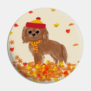 Ruby Cavalier King Charles Spaniel in Fall Leaves Pin