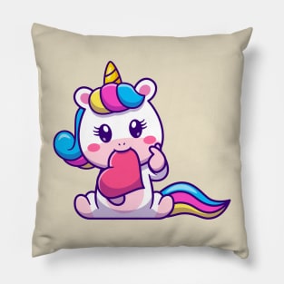 Cute Unicorn Bite Love With Love Sign Hand Cartoon Pillow