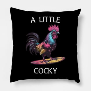 Surfing Rooster - A Little Cocky (with White Lettering) Pillow