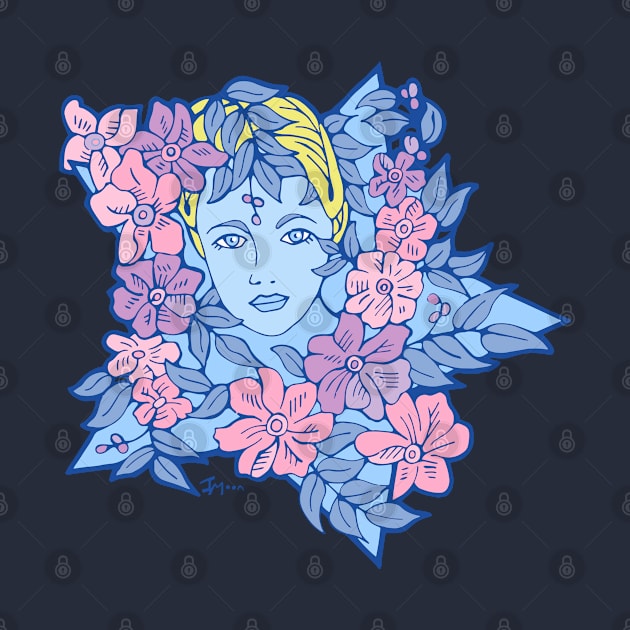 Blue Star Girl and Pink and Purple Flowers by Julia Moon