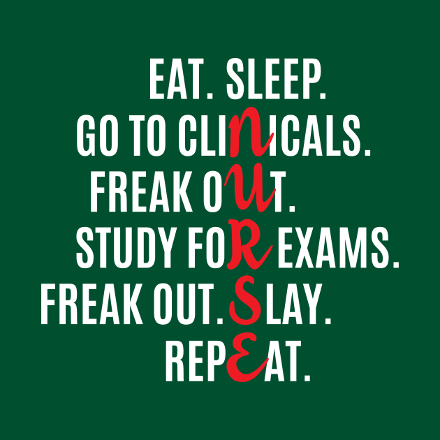 Funny Nurse Eat Sleep Go To Clinicals Freak Out Study For Exams Repeat T Shirt by klimentina