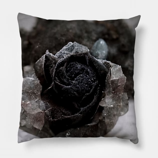 Black Druzy Quartz Rose Floral Flower Pillow by Moon Art