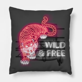 Wild and Free glowing RED Neon Tiger and Text Sign Pillow