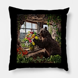 watercolor bear with garden and mixed flowers Pillow