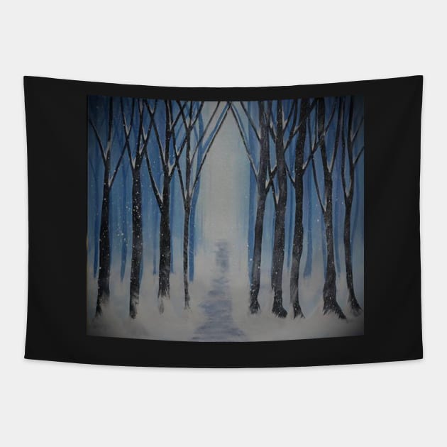 Winter Snow Path Snowy Trees Blue & White Art Painting done in graphic design art, Winter Landscape, Wall Art and Many Products Tapestry by tamdevo1