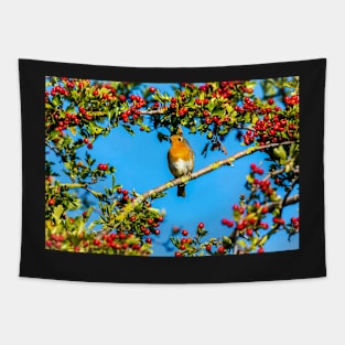 Robin surrounded by red berries Christmas Tapestry