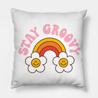 Retro rainbow and daisy with text: Stay groovy Pillow