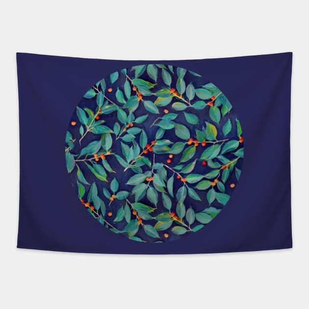 Leaves + Berries in Navy Blue, Teal & Tangerine Tapestry by micklyn