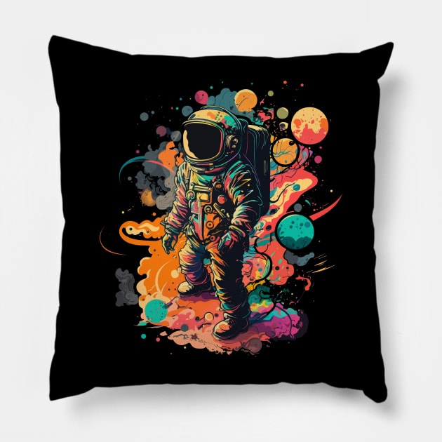 Astronaut in Space Colorful Vibrant Psychedelic Pillow by K3rst