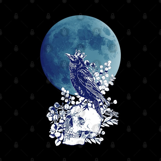 Blue raven and moon with skull and crow, skeleton eucaliptus leaves by Collagedream