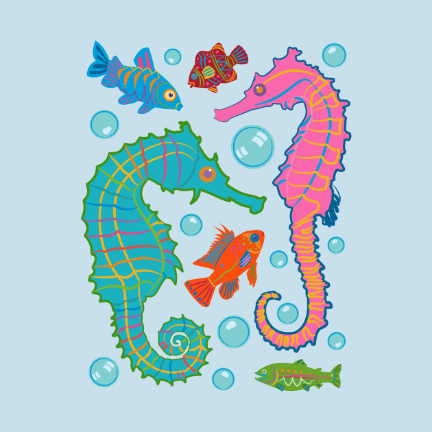 Seahorses and Fish Swimming in an Ocean of Bubbles by evisionarts