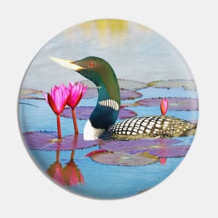 Yellow Billed Loon and Pink Lotus Flowers Pin