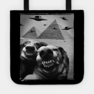 Funny Dog Selfie Alien UFO Invasion Pyramid Egypt Giza Meme Tote