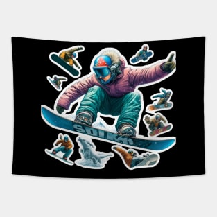 Frosty Freestyle Delight: Snowboarders' Frontside 360 Acrobatics in White, Red, Yellow, Black, Blue, and Orange Landscape Tapestry