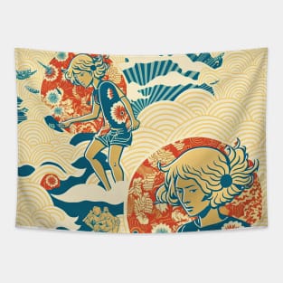 Japanese Surfers Tapestry