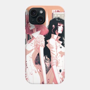 Pink and Black - Cyberpunk Illustrated Portrait Two Women Posing in Front of a Bustling Cityscape Phone Case