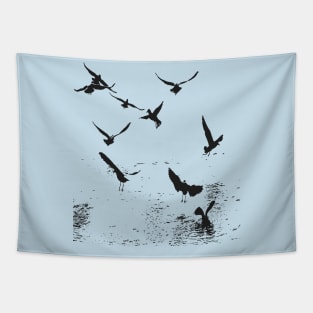 Silhouette Of A Flock Of Seagulls Scavenging Black Tapestry