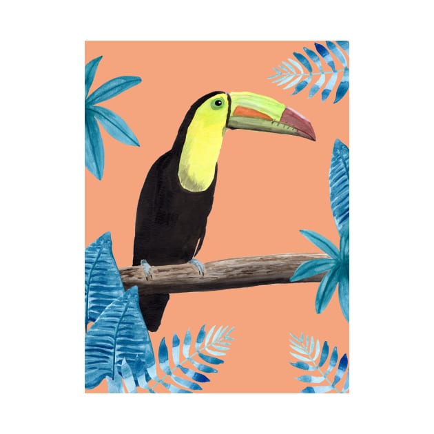 Toucan with tropical leaves and coral background by Sandraartist