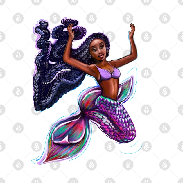 mermaid with flowing braids 4, brown eyes curly Afro hair and caramel brown skin. Black mermaid by Artonmytee