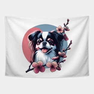 Japanese Chin with Spring Cherry Blossoms Joyful Expression Tapestry