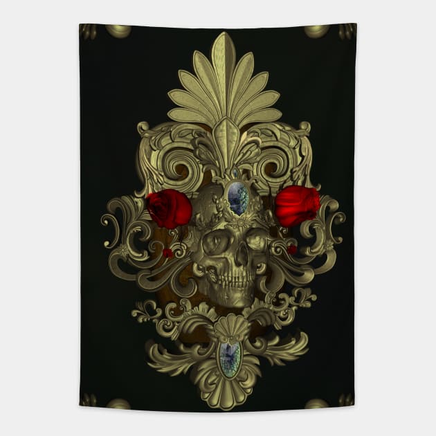 Awesome golden skull with roses Tapestry by Nicky2342